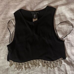 Black Crop Top with Fringe Rhinestones (Size S/M)